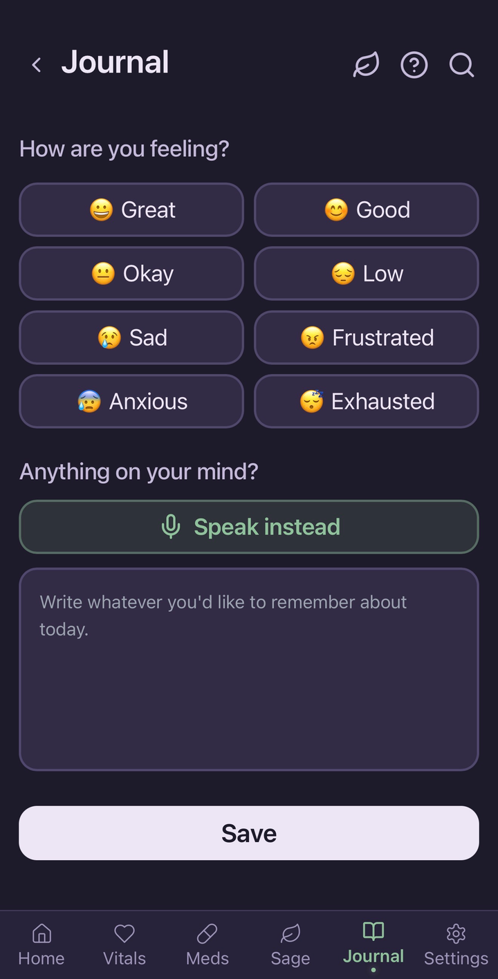 Salve's daily check-in in Calm mode: mood choices like Great, Okay, Low, and Anxious, a box to write or speak a note, and a Save button.