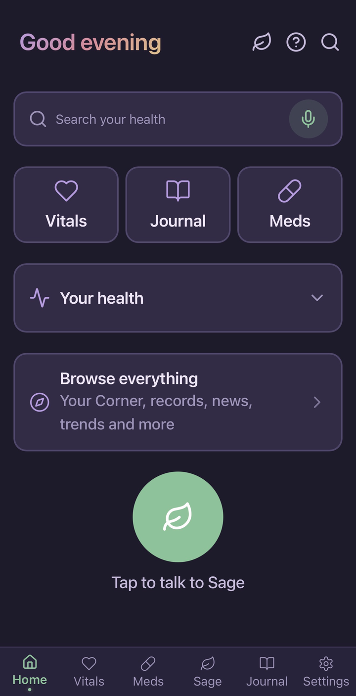 Salve's home screen in Calm mode: large buttons for Vitals, Journal, and Meds, and a button to talk to Sage.