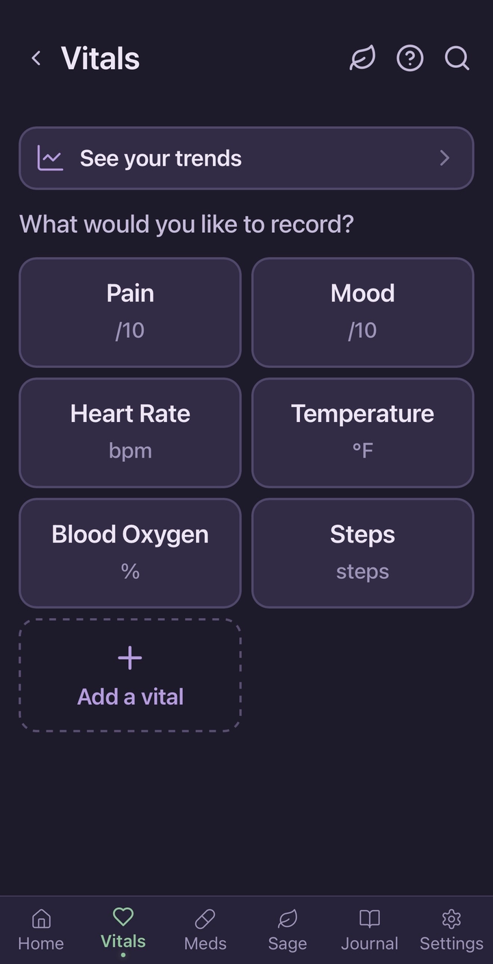 Salve's vitals screen in Calm mode, with large buttons for pain, mood, heart rate, temperature, blood oxygen, and steps.